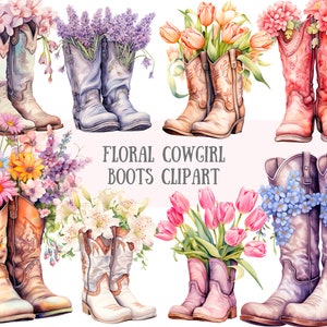 Aquarela Floral Cowgirl Botas Clipart Wild Western PNG Downloads de imagens digitais para fazer cartões Scrapbook Junk Journal Paper Crafts