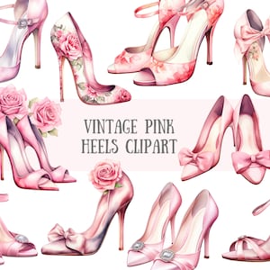 Acquerello Vintage Pink Heels Clipart Scarpe da sposa PNG Download di immagini digitali per la creazione di cartoline Scrapbook Junk Journal Paper Crafts