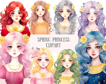 Akvarell vårprinsessa Clipart söt anime manga flicka PNG digitala bilder för nedladdningar för korttillverkning scrapbook skräpjournal papperspyssel