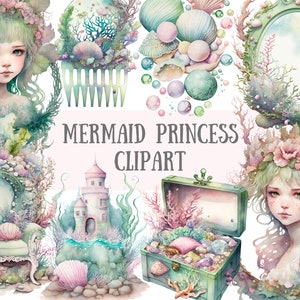 Aquarelle princesse sirène Clipart - Pastel Fantasy PNG image numérique à télécharger pour la fabrication de cartes, scrapbooking, Junk Journal, travaux manuels en papier