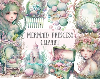 Watercolour Mermaid Princess Clipart - Pastel Fantasy PNG Digital Image Downloads for Card Making, Scrapbook, Junk Journal, Paper Crafts