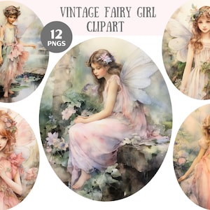 Watercolour Vintage Fairy Girl Clipart Pixies Sprites Elf PNG Digital Image Downloads for Card Making Scrapbook Junk Journal Paper Crafts
