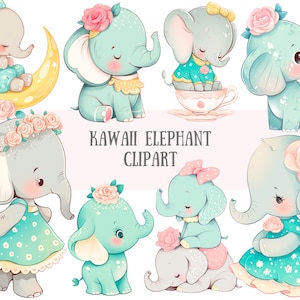 Acquerello Kawaii Elefante Clipart Baby Shower Elefante PNG Download di immagini digitali per la creazione di cartoline Scrapbook Junk Journal Mestieri di carta