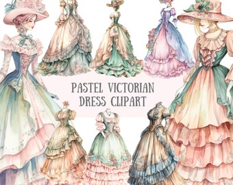 Akvarell pastellfärgad viktoriansk klänning Clipart Vintage mode PNG digitala bilder för nedladdningar för korttillverkning Scrapbook Junk Journal papperspyssel