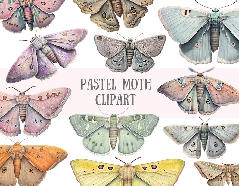 Akvarell pastellmalar Clipart Luna Moth PNG Digitala bildnedladdningar för korttillverkning Scrapbook Junk Journal Papperspyssel bild 1