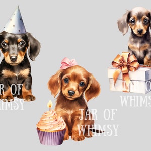 May include: Three watercolor illustrations of Dachshunds wearing party hats and holding birthday treats. The first Dachshund is wearing a blue and white party hat and is sitting on a white background. The second Dachshund is wearing a pink bow and is holding a cupcake with a lit candle. The third Dachshund is wearing a brown and white party hat and is sitting on a white gift box with a gold ribbon.