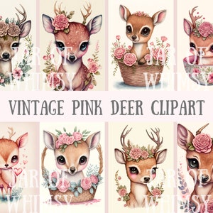 Acuarela Vintage Pink Deer Clipart - Kitsch Deer PNG Descargas de imágenes digitales para la fabricación de tarjetas, álbum de recortes, diario basura, artesanías de papel