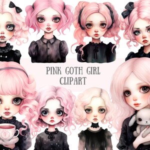 May include: Digital clipart set of eight illustrations featuring pink goth girls with black clothing and pink hair. The girls have different expressions and accessories, including a cat, a teacup, and a bunny.