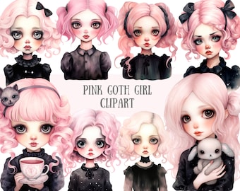 May include: Digital clipart set of eight illustrations featuring pink goth girls with black clothing and pink hair. The girls have different expressions and accessories, including a cat, a teacup, and a bunny.