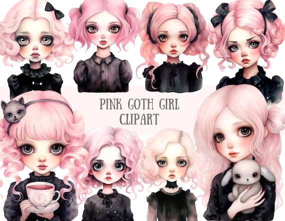 Watercolour Pink Goth Girl Clipart Pastel Gothic Fashion PNG Digital Image Downloads for Card Making Scrapbook Junk Journal Paper Crafts