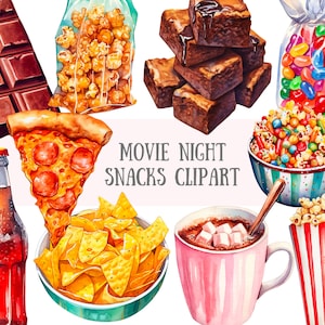 Watercolour Movie Night Snacks Clipart Popcorn Pizza PNG Digital Image Downloads for Card Making Scrapbook Junk Journal Paper Crafts