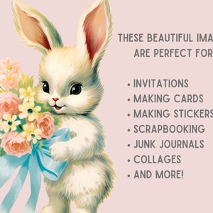 Puede incluir: Un conejo blanco sosteniendo un ramo de flores rosas, amarillas y blancas con una cinta azul. El texto "THESE BEAUTIFUL IMAGES ARE PERFECT FOR: &bull; INVITATIONS &bull; MAKING CARDS &bull; MAKING STICKERS &bull; SCRAPBOOKING &bull; JUNK JOURNALS &bull; COLLAGES &bull; AND MORE!" est&aacute; escrito en negro sobre un fondo rosa claro.