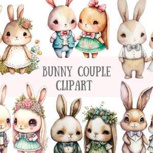 Aquarelle Bunny Couples Clipart - Love Bunnies PNG Digital Image Téléchargements pour la fabrication de cartes, album, journal indésirable, artisanat en papier