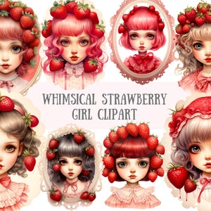 Aquarelle lunatique Strawberry Girl Clipart fraises PNG Image numérique à télécharger pour la fabrication de cartes Scrapbook Junk Journal travaux manuels en papier