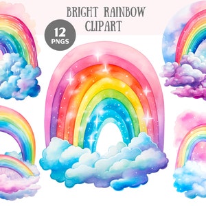 Acquerello arcobaleno luminoso Clipart Arcobaleno con nuvole PNG Download di immagini digitali per la realizzazione di cartoline Scrapbook Junk Journal Paper Crafts