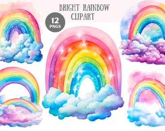 Watercolour Bright Rainbow Clipart Rainbow with Clouds PNG Digital Image Downloads for Card Making Scrapbook Junk Journal Paper Crafts