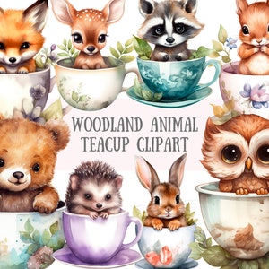 Acquerello Woodland Animal Teacup Clipart Cuccioli di animali PNG Download di immagini digitali per la creazione di cartoline Scrapbook Junk Journal Mestieri di carta