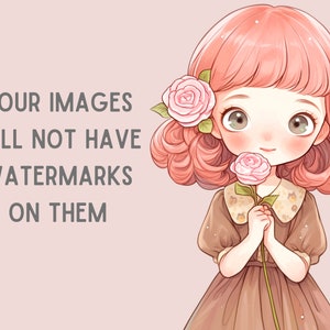 Puede incluir: Una ilustraci&oacute;n de dibujos animados de una ni&ntilde;a con cabello rosado sosteniendo una rosa rosa. Lleva un vestido marr&oacute;n con cuello blanco y un estampado floral. El fondo es de color rosa claro.