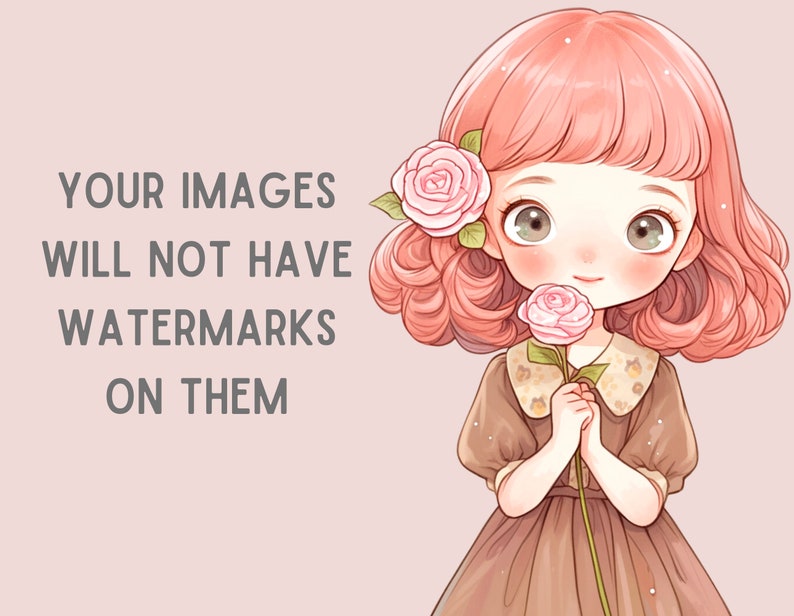 Puede incluir: Una ilustraci&oacute;n de dibujos animados de una ni&ntilde;a con cabello rosado sosteniendo una rosa rosa. Lleva un vestido marr&oacute;n con cuello blanco y un estampado floral. El fondo es de color rosa claro.
