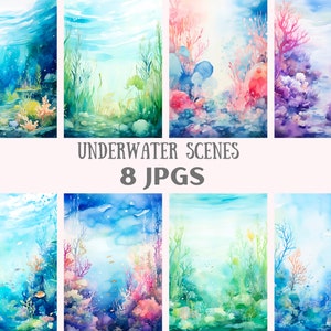 Clipart di scene subacquee dell'acquerello sotto la festa del mare JPG Download di immagini digitali per la creazione di cartoline, scrapbook, diari spazzatura, lavori con la carta