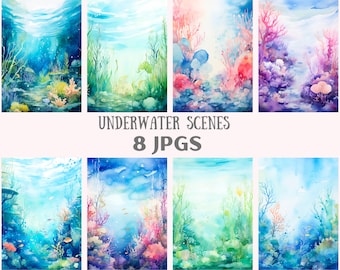 Watercolour Underwater Scene Clipart Under the Sea Party JPG Digital Image Downloads for Card Making Scrapbook Junk Journal Paper Crafts