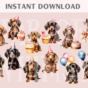 May include: A set of ten watercolor illustrations of dachshund dogs wearing party hats and holding birthday treats. The dogs are in various poses and have different colored hats and treats. The illustrations are perfect for use in digital scrapbooking, card making, and other craft projects.