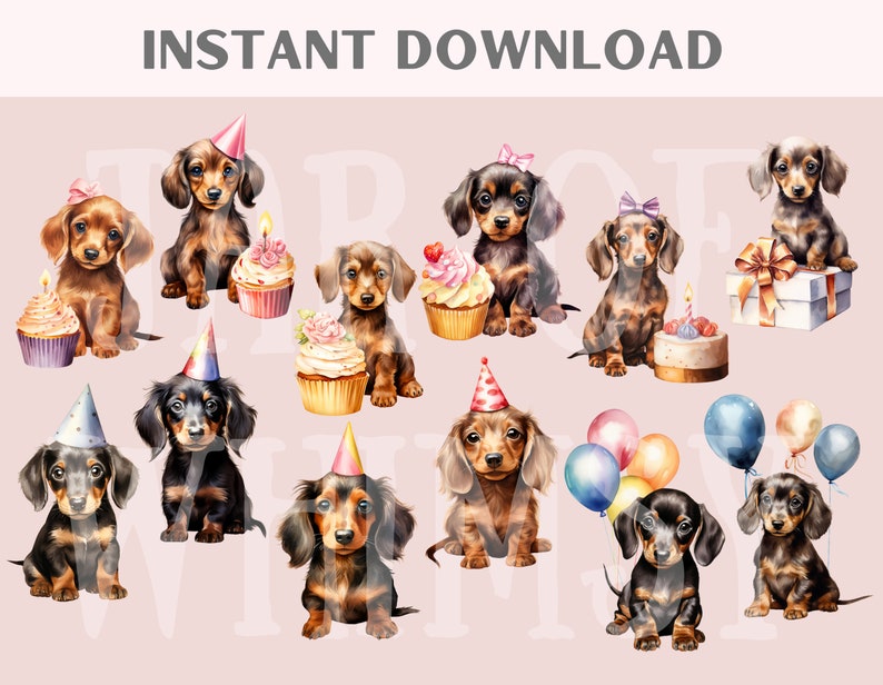 May include: A set of ten watercolor illustrations of dachshund dogs wearing party hats and holding birthday treats. The dogs are in various poses and have different colored hats and treats. The illustrations are perfect for use in digital scrapbooking, card making, and other craft projects.