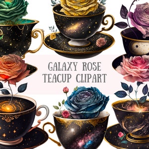 Acquerello Galaxy Rose Teacup Clipart Fantasy Tea Party PNG Download di immagini digitali per la realizzazione di cartoline Scrapbook Junk Journal Paper Crafts