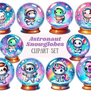 Globo de nieve de astronauta en acuarela Clipart Lindo globo de nieve de galaxia PNG Descarga de imagen digital para hacer tarjetas Álbum de recortes Diario basura Manualidades de papel
