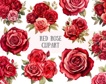 May include: A digital illustration of red roses in various arrangements. The roses are painted in a watercolor style with a soft, romantic feel. The text "RED ROSE CLIPART" is displayed in the center of the image.