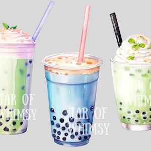 May include: Three tall glasses of bubble tea with whipped cream and toppings. The glasses are filled with green, blue, and pink tea and have black tapioca pearls at the bottom. Each glass has a straw and the text "JAR OF WHIMSY" is printed on the front.