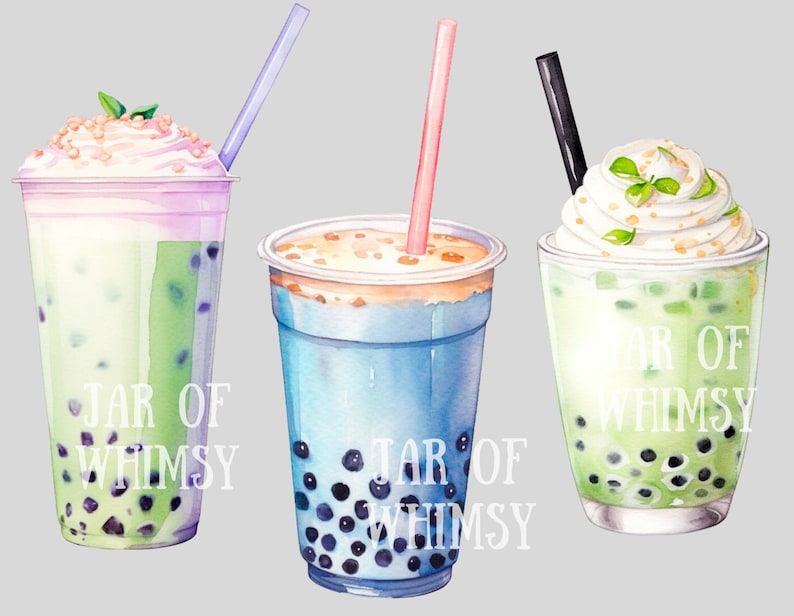 May include: Three tall glasses of bubble tea with whipped cream and toppings. The glasses are filled with green, blue, and pink tea and have black tapioca pearls at the bottom. Each glass has a straw and the text "JAR OF WHIMSY" is printed on the front.