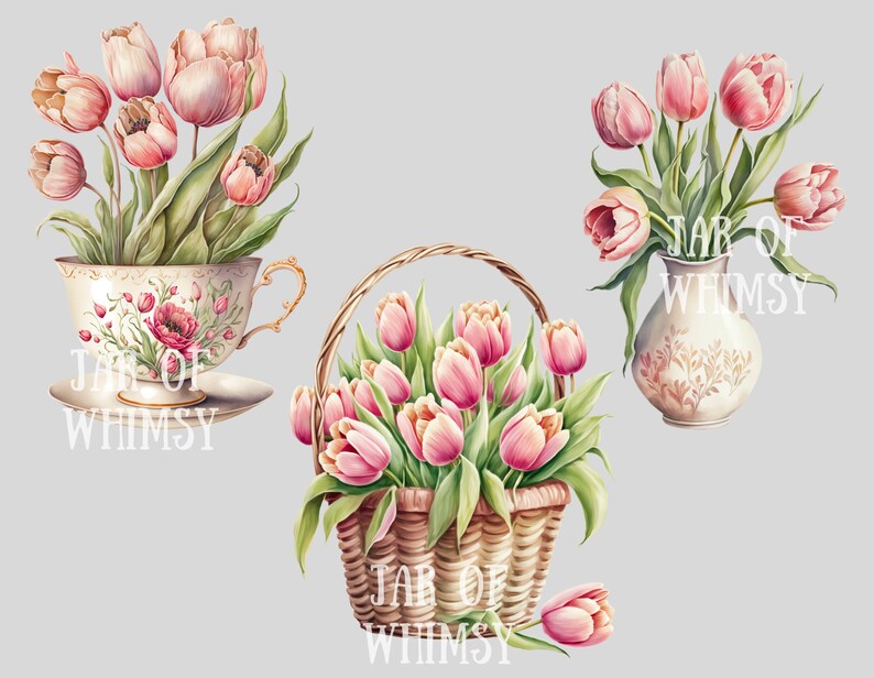 Watercolour Vintage Pink Tulip Clipart Pink Spring Flower PNG Digital Image Downloads for Card Making Scrapbook Junk Journal Paper Crafts image 7