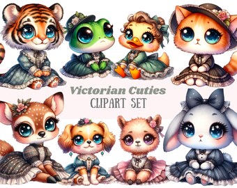 Watercolour Victorian Animal Clipart Kawaii Vintage Animals PNG Digital Image Download for Card Making Scrapbook Junk Journal Paper Craft