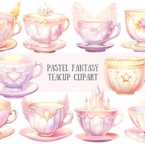 Acquerello pastello fantasia tazza da tè Clipart principessa tazze da tè PNG immagini digitali da scaricare per la creazione di biglietti scrapbook junk journal artigianato di carta