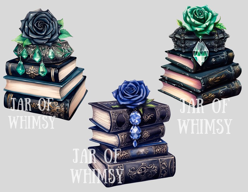 May include: Three stacks of vintage books with a jeweled box and a rose on top of each stack. The roses are black, blue, and green. The text "JAR OF WHIMSY" is printed on the bottom of each stack.