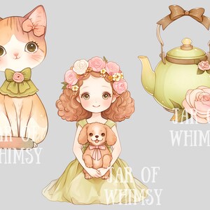 Puede incluir: Una ilustraci&oacute;n digital de una ni&ntilde;a con una corona de flores sosteniendo un cachorro. La ni&ntilde;a lleva un vestido verde y el cachorro es marr&oacute;n y blanco. La imagen tambi&eacute;n incluye un gato con un lazo verde y una tetera verde con una rosa rosa.