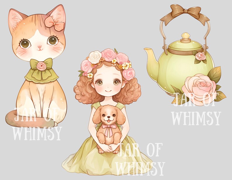 Puede incluir: Una ilustraci&oacute;n digital de una ni&ntilde;a con una corona de flores sosteniendo un cachorro. La ni&ntilde;a lleva un vestido verde y el cachorro es marr&oacute;n y blanco. La imagen tambi&eacute;n incluye un gato con un lazo verde y una tetera verde con una rosa rosa.