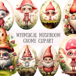 May include: Whimsical Mushroom Gnome Clipart featuring ten illustrations of gnomes wearing mushroom hats. The gnomes are depicted in various poses and expressions, with some holding objects such as a wand or a book. The illustrations are done in a watercolor style and have a whimsical and charming feel.