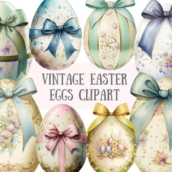 Watercolour Vintage Easter Eggs Clipart - Spring Bow PNG Digital Image Downloads for Card Making, Scrapbook, Junk Journal, Paper Crafts