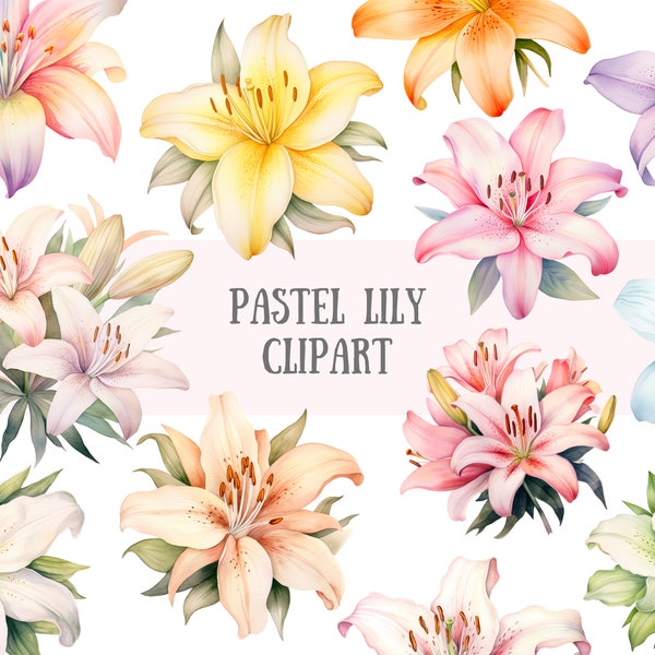 Watercolour Pastel Lily Clipart Spring Flower Elements PNG Digital Image Downloads for Card Making Scrapbook Junk Journal Paper Crafts