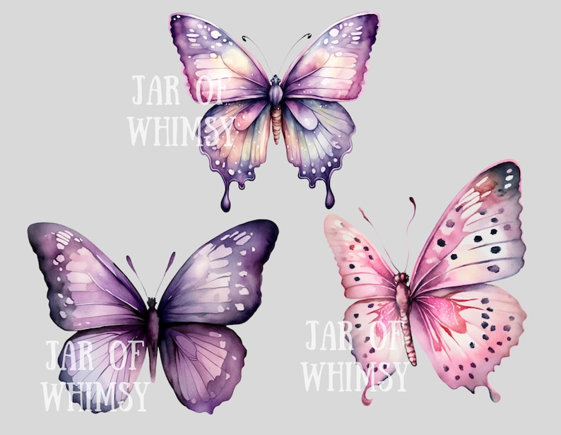 May include: Three watercolor butterflies with dripping paint. The butterflies are purple, pink, and a mix of purple and pink. The butterflies are all in different positions. The text "JAR OF WHIMSY" is written on the image.
