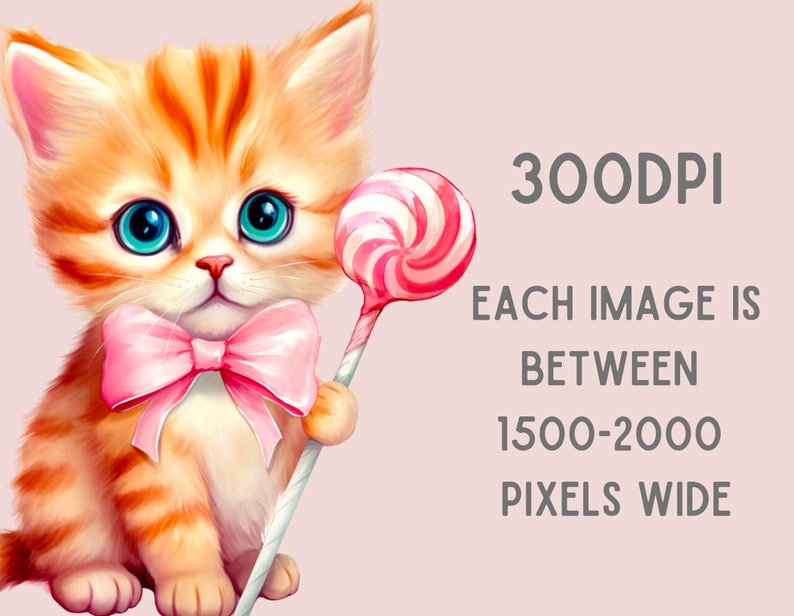 May include: A cute orange tabby kitten with blue eyes wearing a pink bow tie holds a pink and white swirl lollipop.