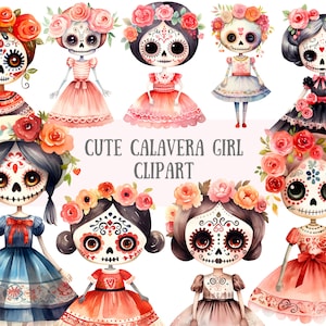 Acquerello carino Calavera Clipart bambola di carta teschio di zucchero PNG Download di immagini digitali per la realizzazione di cartoline Scrapbook Junk Journal Paper Crafts