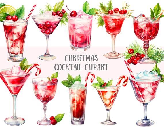 Watercolour Christmas Cocktail Clipart Holiday Drinks PNG Digital Image Downloads for Card Making Scrapbook Junk Journal Paper Crafts