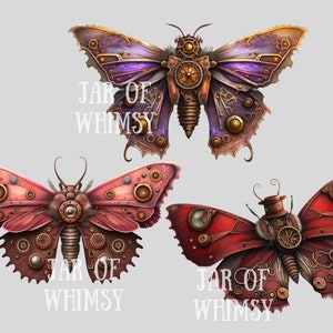 May include: Three steampunk-style butterfly designs with intricate gears and clockwork details. The butterflies are in shades of purple, pink, and red with gold accents. The text "JAR OF WHIMSY" appears on each butterfly.