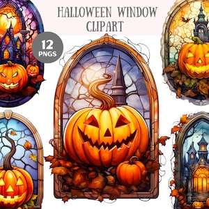 Aquarelle Halloween fenêtre Clipart citrouille vitrail PNG Image numérique téléchargements pour la fabrication de cartes Scrapbook Junk Journal artisanat