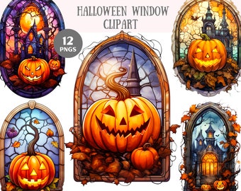 Könnte beinhalten: Zwölf Clipart-Bilder von Buntglasfenstern mit Jack-o'-Lantern-Kürbissen und Spukhäusern. Die Bilder sind perfekt für Halloween-Bastelarbeiten und Dekorationen.