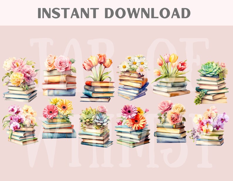 Puede incluir: Doce ilustraciones digitales de pilas de libros con varias flores y suculentas en la parte superior. Las flores incluyen peon&iacute;as rosas, rosas amarillas, tulipanes rojos, margaritas blancas, gerberas naranjas y orqu&iacute;deas rosas. Las suculentas son verdes y tienen una variedad de formas.