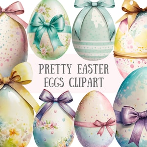 Watercolour Pretty Easter Eggs Clipart - Spring Bow PNG Digital Image Downloads for Card Making, Scrapbook, Junk Journal, Paper Crafts